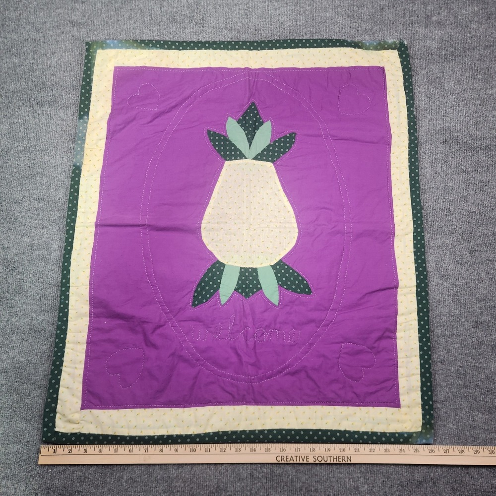 Vintage Hand Stitched Pineapple Welcome Quilt Wall Hanging Purple Green 25x31